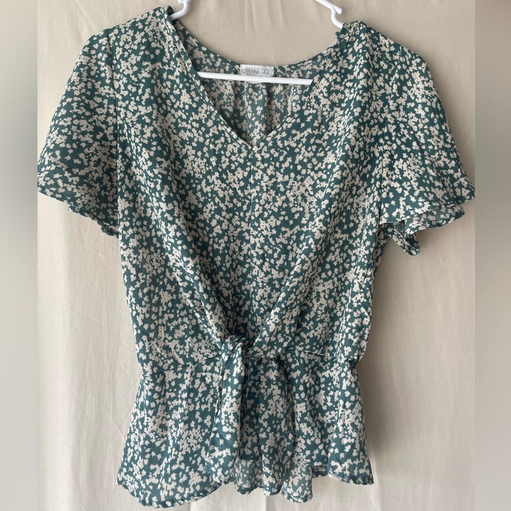 Sienna Sky Green and White Tie Front Blouse